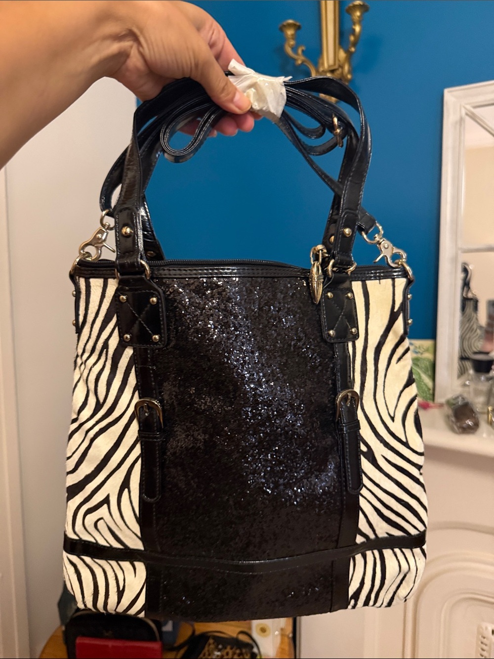 IMAN Black Sequin & White Zebra-Print Shoulder Bag